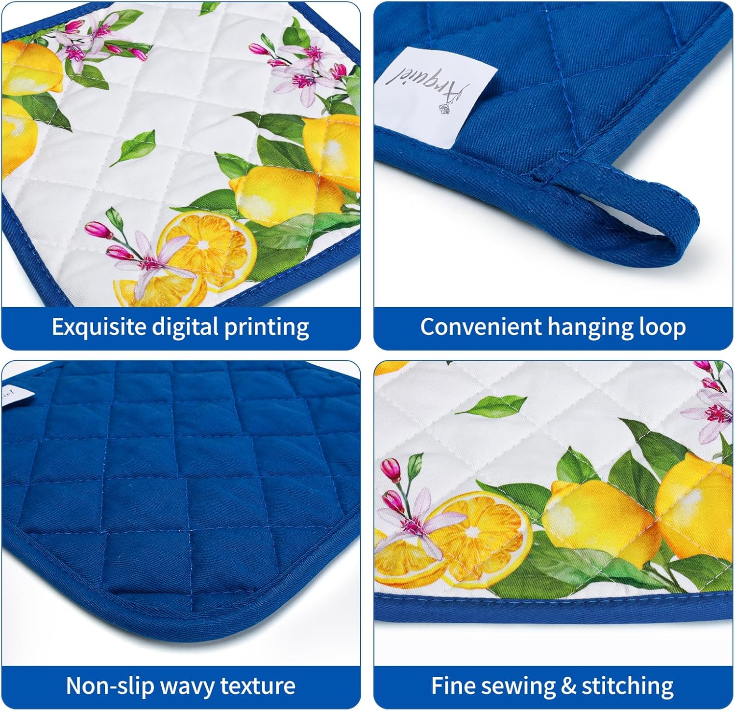 Summer Lemon Oven Mitts and Pot Holders Sets 4Pcs, 100% Cotton Heat Resistant, Extra Long Oven Gloves Potholder for Kitchen Cooking Baking Decoration