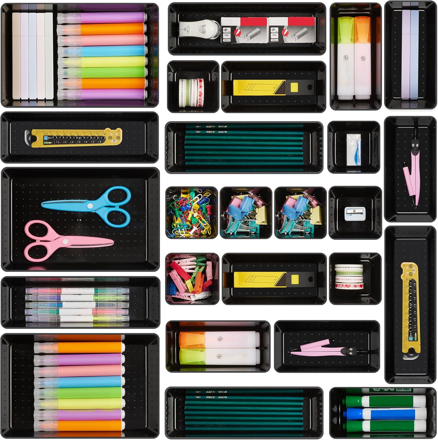 Vtopmart 25 PCS Office Desk Drawer Organizers Set, 4-Size Versatile Plastic Drawer Organizer Trays, Storage Bins for Desk Accessories Office Organizers and Storage, Bathroom, Makeup, Vanity, Black