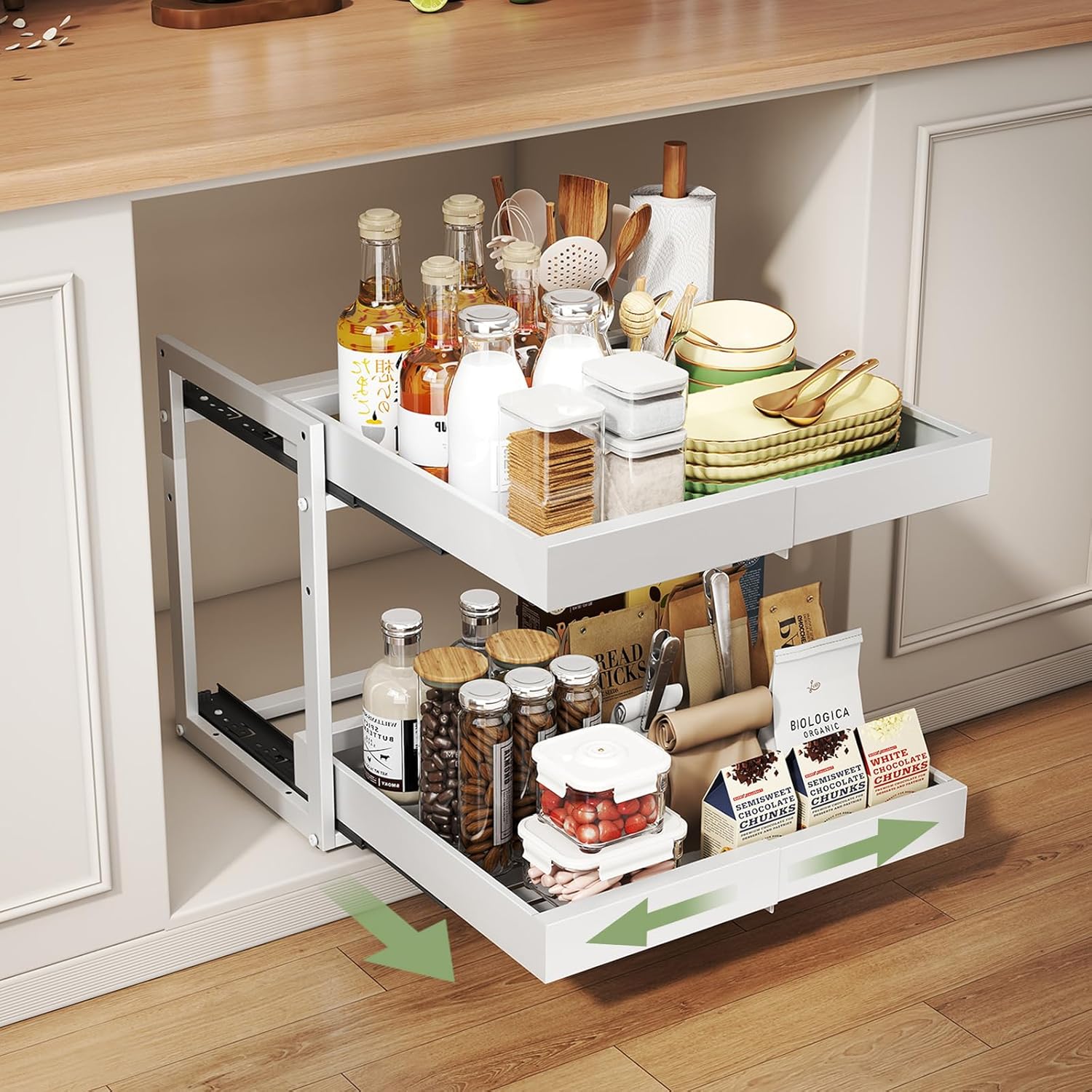 2 Tier Pull Out Cabinet Organizer ,Adjustable Width & Height,Expandable Pull-Out Drawers For Cabinets, Slide Out Shelves for Kitchen Cabinets / Countertop / Pantry,Heavy-Duty & Easy to Install(White)