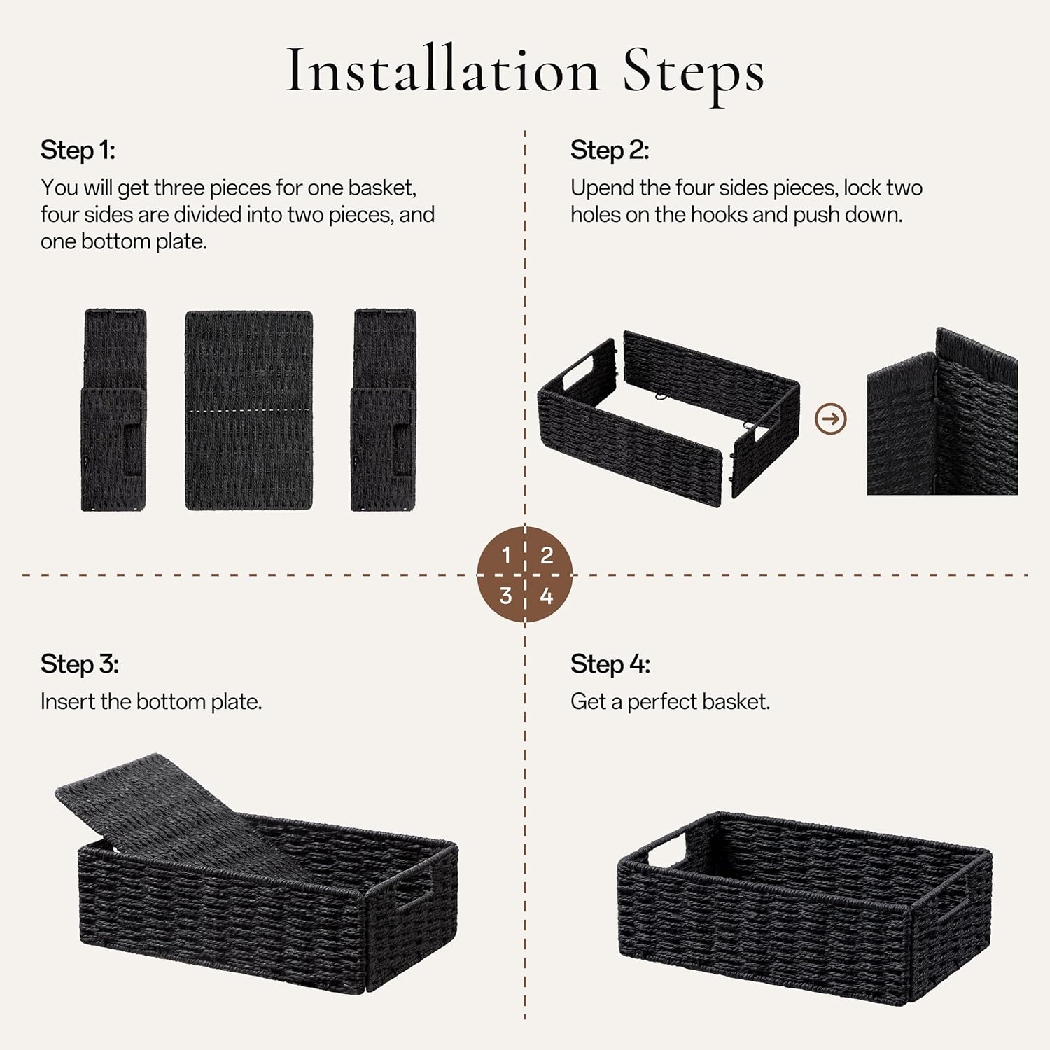 UBBCARE 2 Pack Wicker Basket, 11.5L×7.5H×3.5W inch Woven Paper Rope Storage Baskets for shelves, Foldable Rectangular Storage Baskets with Handle, Storage Basket for Organizing, Black