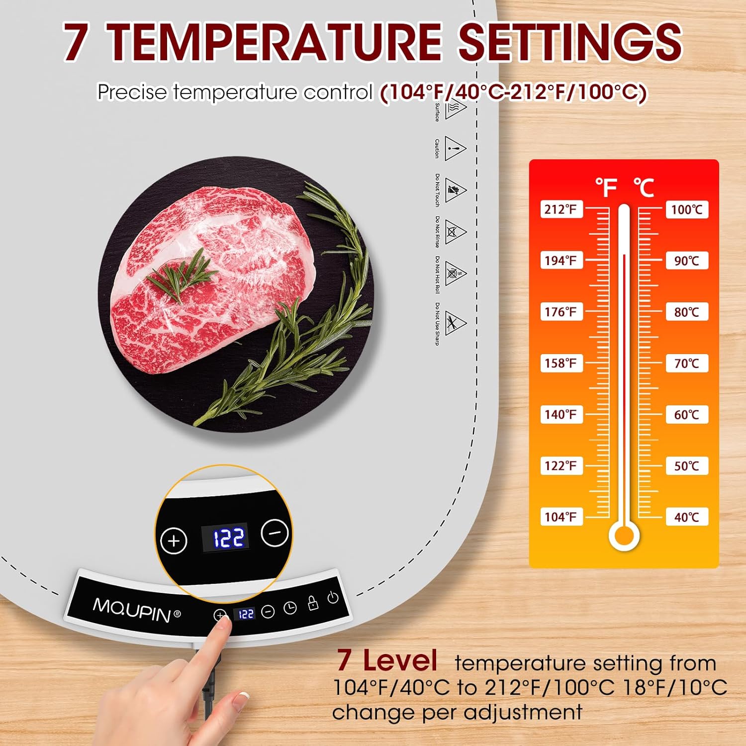 Warming Mat for Food, MQUPIN Food Warming Mat with 7 Temp Settings 1-4 H Timer and Child Safety Lock, Full Surface Heating Roll Up Electric Warming Tray for Gatherings,Parties,Buffet,Daily Use（Gray）