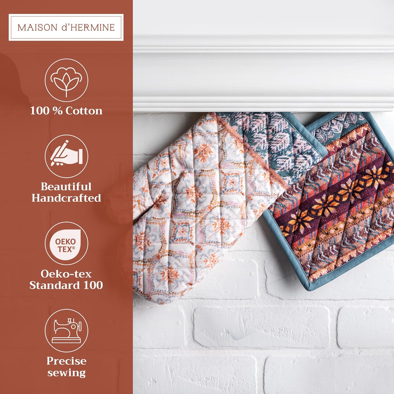 Maison d' Hermine 100% Cotton Oven Mitt & Pot Holder Set (7.5"x13" & 8"x8") Heat Resistant BBQ Cooking Gloves with Loop, Baking, Grilling, Kitchen, Handling Hot Pans (Fair Isle)