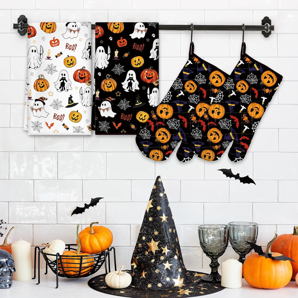 Halloween Pumpkin Kitchen Towels and Oven Mitts Set 4Pcs, Soft Absorbent Dish Cloth Heat Resistant Oven Gloves for Cooking Baking Kitchen Decoration, Gifts for Her