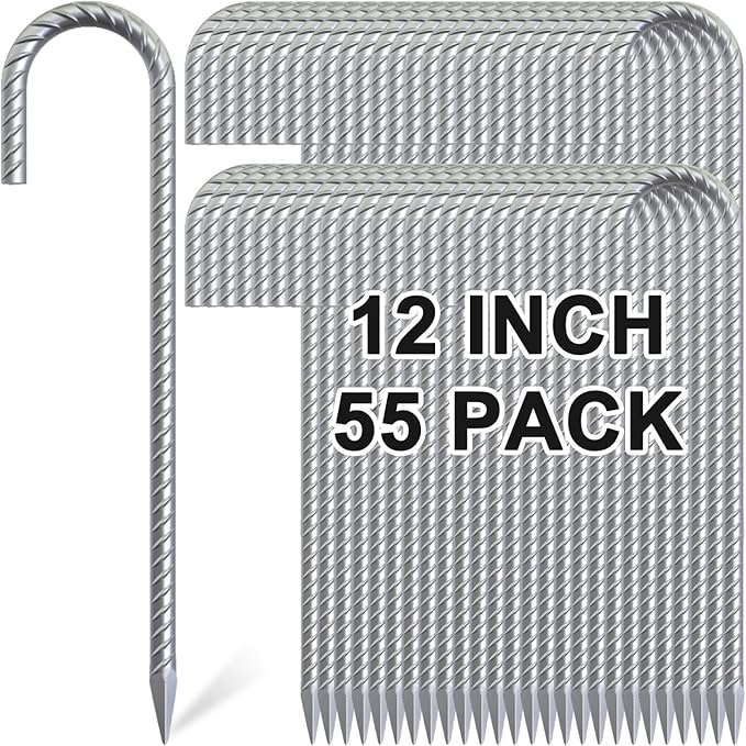 Rebar Stakes 12 inch, 5/16" Diameter Heavy Duty J Hook Stakes 55 Pack, Galvanized Anti-Rust Ground Anchor Long Tent Stakes for Dog Fence Trompoline Swing Set