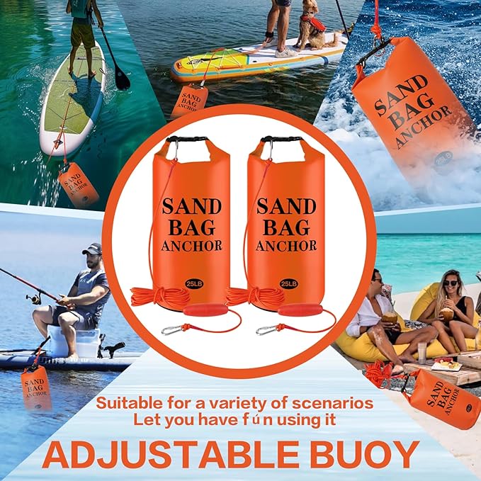 25LB Sand Anchor Bags, Waterproof Dry Bags, 2-in-1 Jet Ski Anchor Bag Kit with Adjustable Buoy for Small Boat Jetski Power Watercrafts Canoes and Kayaks