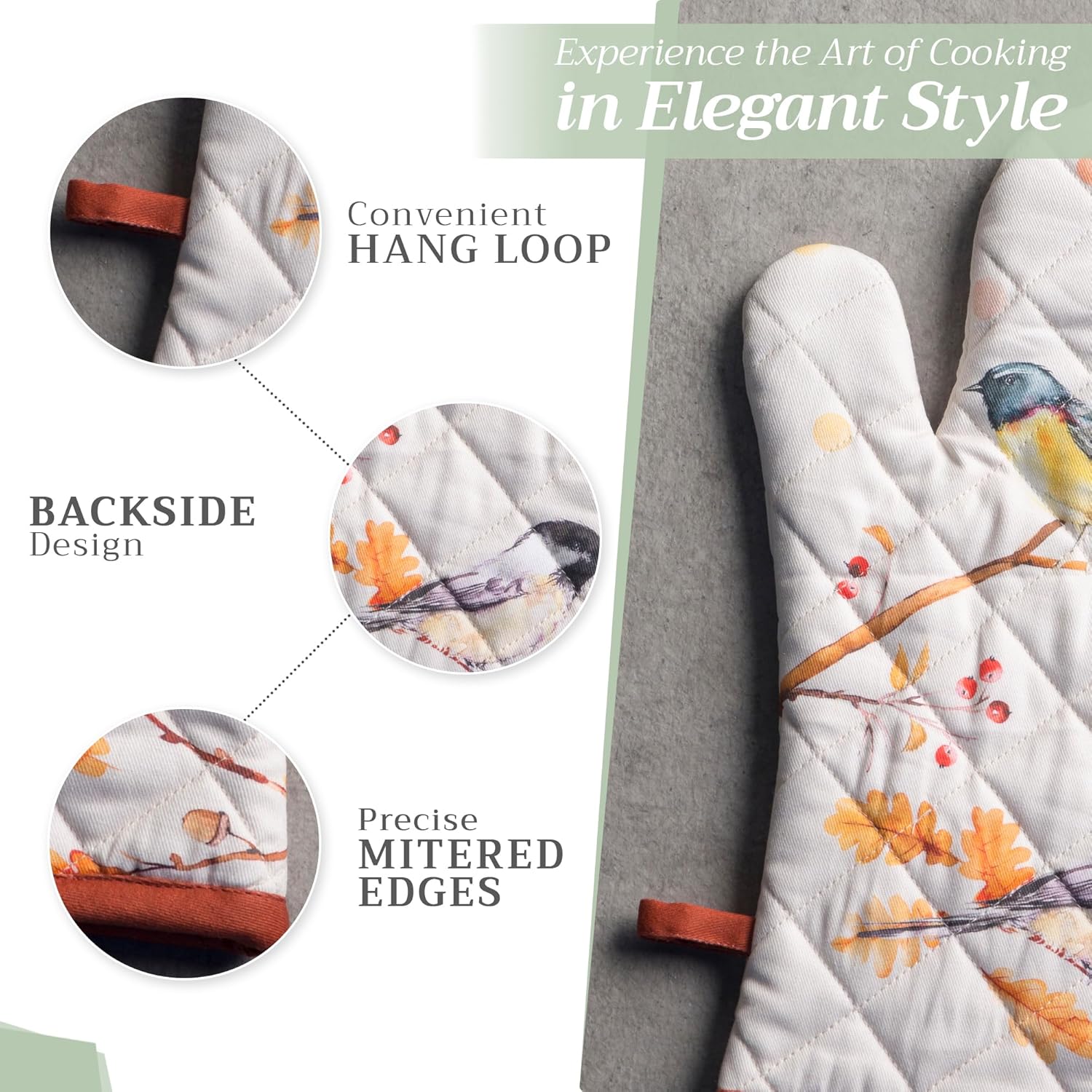 Maison d' Hermine 100% Cotton Oven Mitt & Pot Holder Set (7.5"x13" & 8"x8") Heat Resistant BBQ Cooking Gloves with Loop, Baking, Grilling, Kitchen, Handling Hot Pans (Oak Leaves)