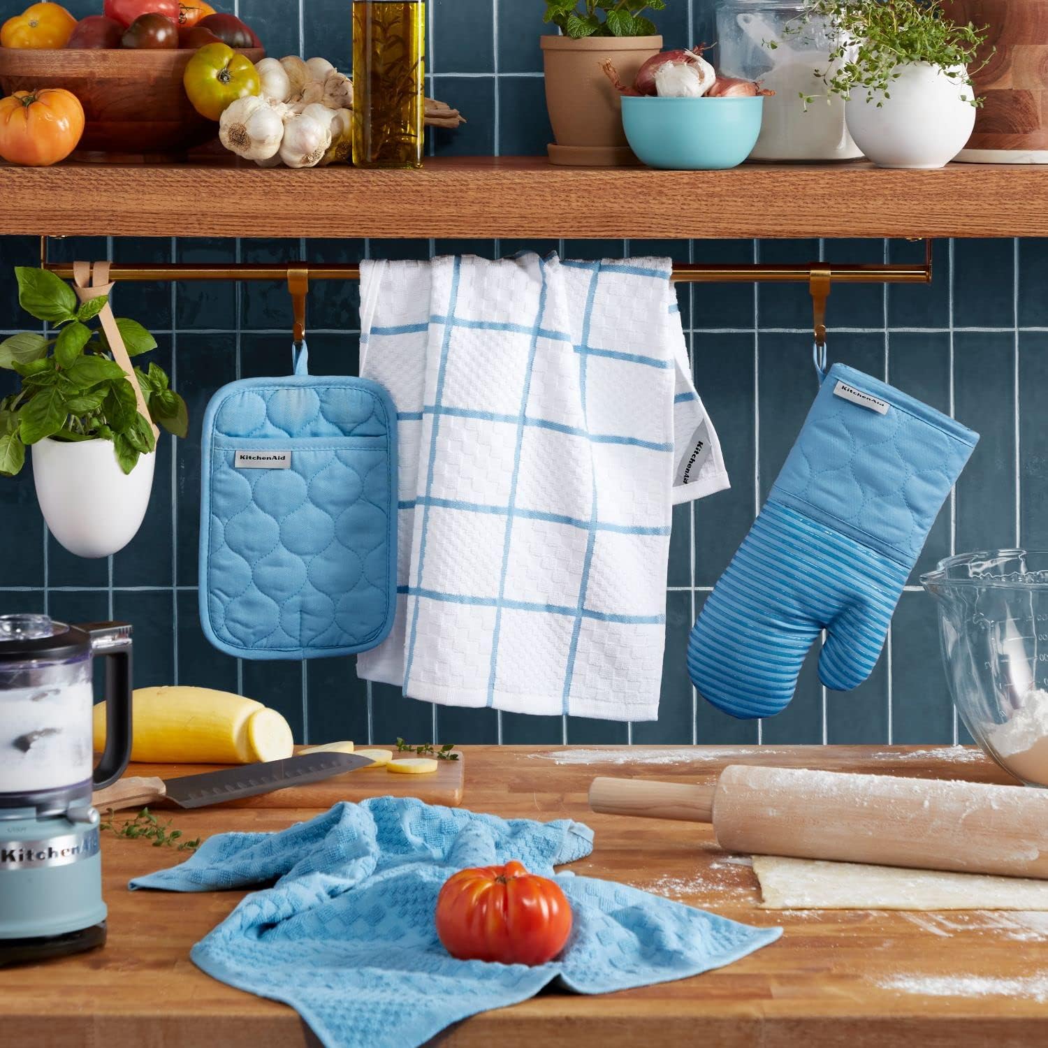 KitchenAid Quilted Cotton Terry Cloth Oven Mitt, Pot Holder Heat Resistant, 16"x26", 7"x13" & 7"x10", Blue Velvet