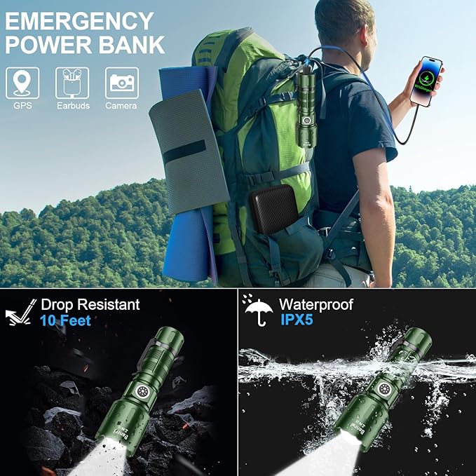 Flashlights High Lumens Rechargeable, 20,000 Lumens Super Bright 1500 Meters Long Range Small Powerful Flashlight, 6 Modes LED Tactical Pocket Waterproof Flash Light for Home Emergency (2, Green)