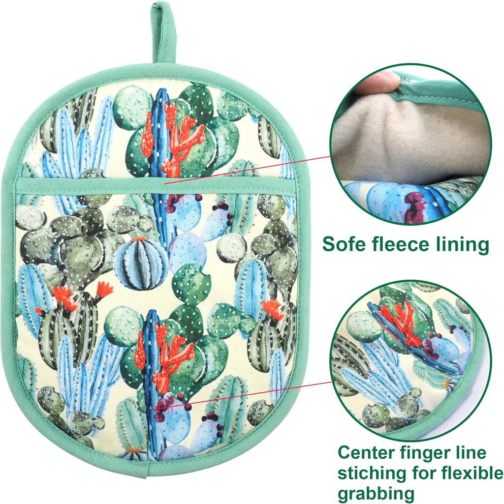 Pot Holders Set of 2 with Transparent Clear Silicone Shell and Nice Cactus Flower Cotton Lining, Heat Resistant to 500 F Kitchen Oven Gloves Pot Holder for Cooking (Cactus Flower, Potholders)