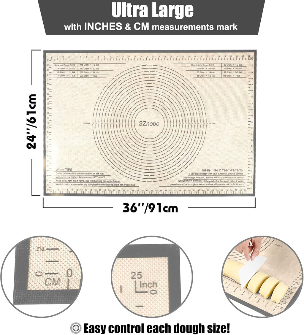 Silicone Baking Mat 36x24 Inch Nonstick Pastry Mat Perfect for Dough Mat, Pastry Board, Kitchen Counter Mat - For Dough, Pastry, Pie Crust, Fondant, Cookies, Bread, Pasta/Pizza, Grey