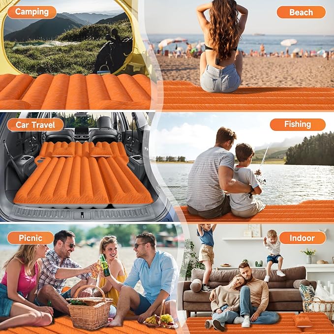 SUV Air Mattress: Inflatable Car Air Mattress for Camping, Flocking Car Bed with Air Pump & 2 Pillows, Portable Sleeping Pad Mattress for Home Car Travel Camping Orange