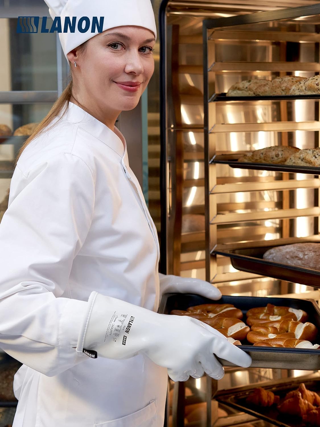 LANON Liquid Silicone Gloves, Heat Resistant Oven Gloves with Fingers, Food Grade, Waterproof, White, Large