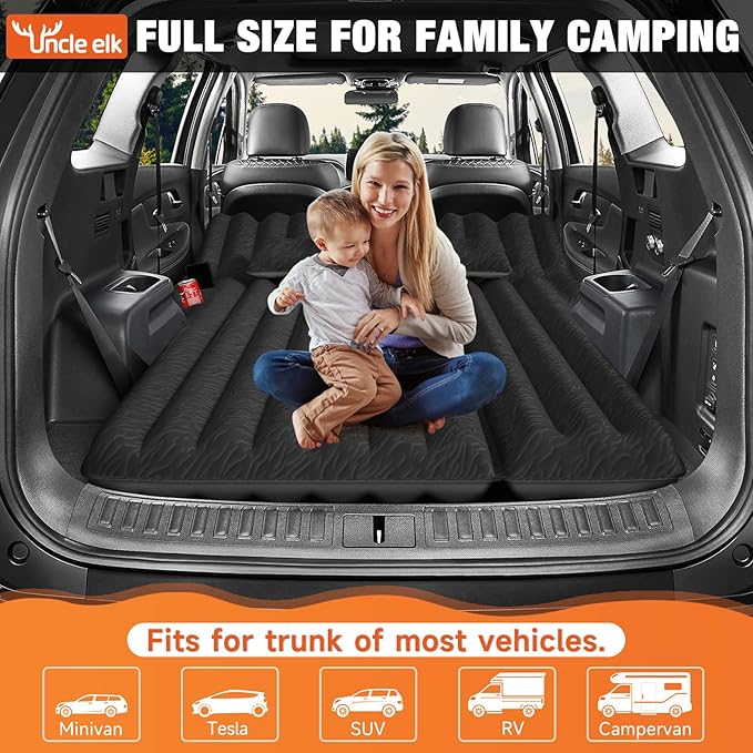 SUV Air Mattress: Inflatable Car Air Mattress for Camping, Flocking Car Bed with Air Pump & 2 Pillows, Portable Sleeping Pad Mattress for Home Car Travel Camping Black