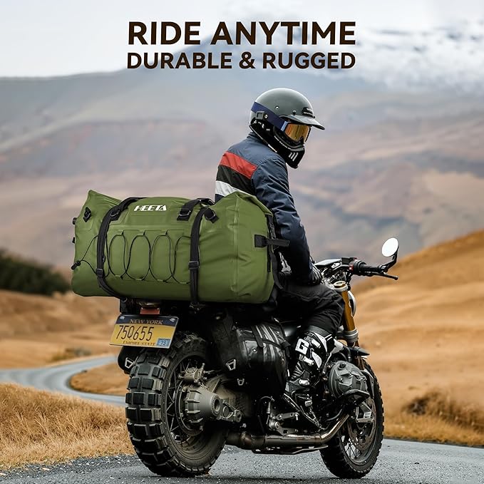 HEETA Waterproof Duffel Bag Motorcycle Dry Bag Backpack, Extra Large Rolltop Travel Duffle Bags with Straps & Handles for Kayaking Rafting Boating Canoeing Camping Gym Beach (Green, 80L)