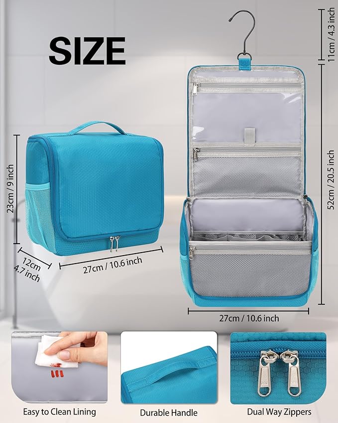 Relavel Toiletry Bag for Men, Hanging Travel Makeup Bag for Women, Waterproof Large Cosmetic Organizer Multiple Compartments for Accessories, Full Sized Toiletries, Dopp Kit Shaving Bag (Blue, Medium)