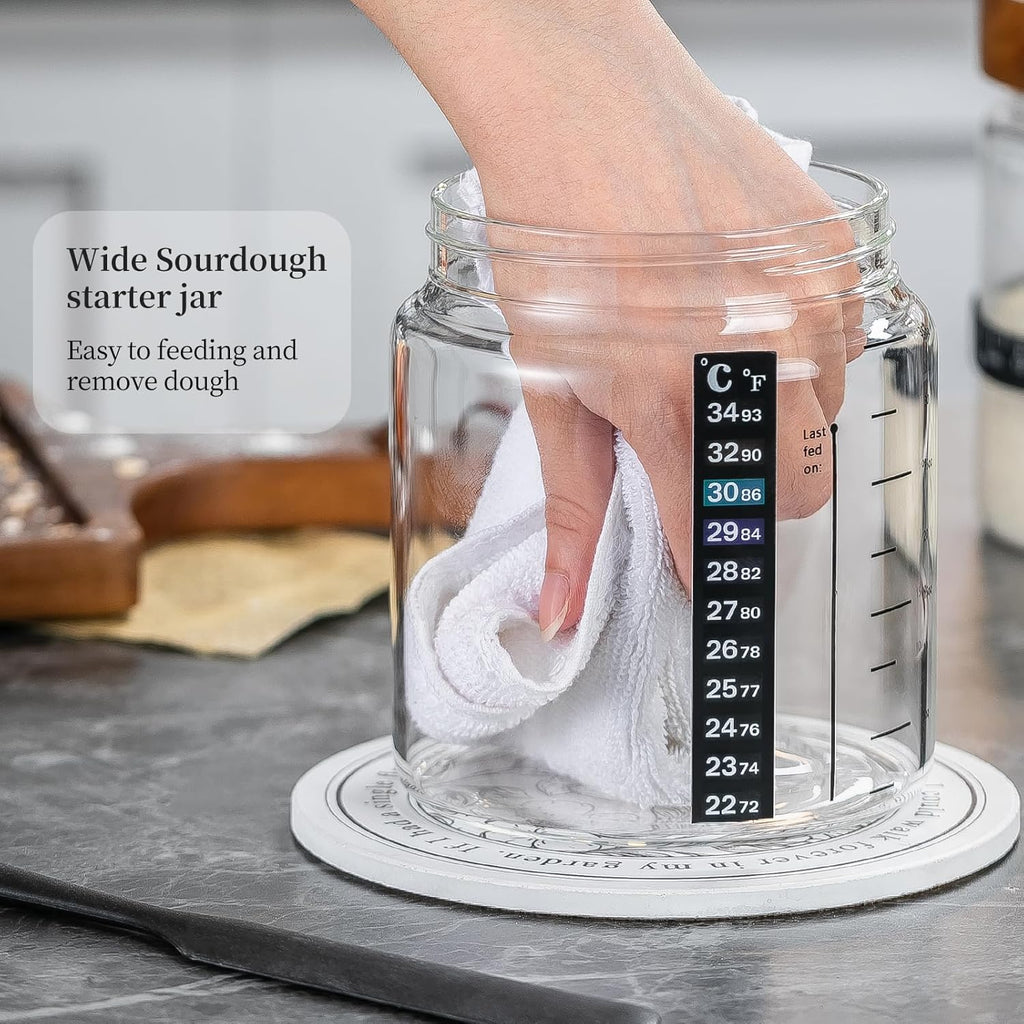 Sourdough Starter Jar 2Pack，Wood Sealed Lid with Automatic Exhaust,35OZ with Ounce Scale Line,Date Marked Feeding Band, Thermometer, Sourdough Jar Scraper,Wide Mouth for Sourdough Bread Baking