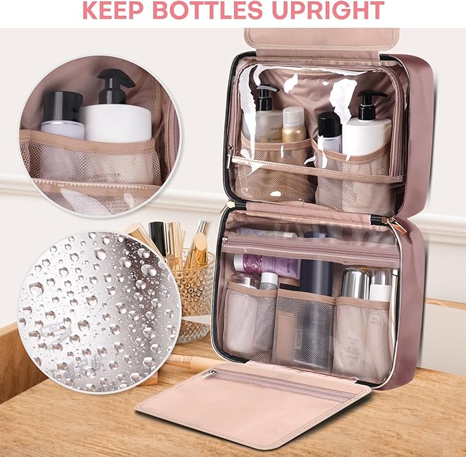 Travel Size Toiletry Bag for Women, Portable Cosmetic Bag with Hanging Hook, Travel Essentials Water-resistant Makeup Organizer for Accessories, Shampoo, Full-size Container, Toiletries