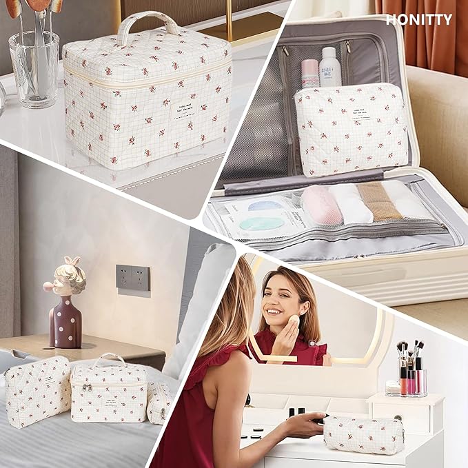 Makeup Bag,Quilted Cosmetic Bags,Large Floral Make Up Organize bag,Makeup Bag Set for Women,Flower Travel Toiletry Bag