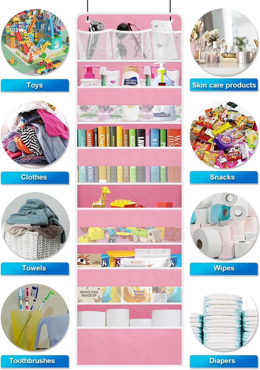 Over the Door Organizers Storage - 6 Shelf Hanging Storage shelves Door Organizer with Pockets, Anti Tilt 44 lb Load Behind Door Organizer for Bedroom,Nursery,Bathroom,Kitchen,Dorm,Shoe - 1 Pack, Pink