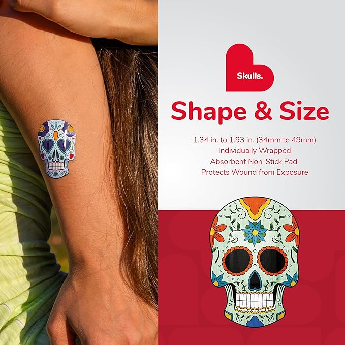 BioSwiss Bandages, Sugar Skull Shaped Self Adhesive Bandage, Latex Free Sterile Wound Care, Fun First Aid Kit Supplies for Kids, 24 Count