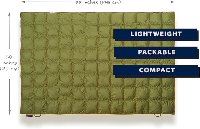 Down Camping Blanket - Puffy, Packable, Lightweight and Warm | Ideal for Outdoors, Travel, Stadium, Festivals, Beach, Hammock | 650 Fill Power Water-Resistant Backpacking Quilt