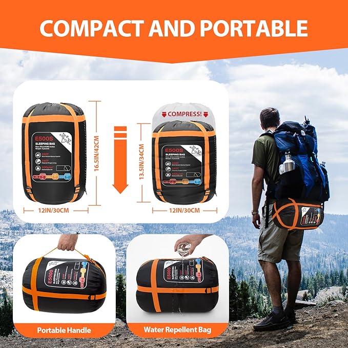 Adult Kids Sleeping Bag - All Season Warm/Cold Weather Lightweight for Camping & Hiking - Compact w/Compression Sack - Portable for Backpacking Travel Indoor - Unisex Boy Girl Man Woman