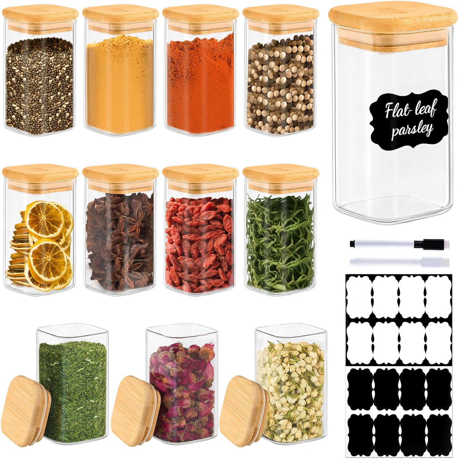 12 Pack 8 oz Square Glass Spice Jars with Lids and Labels – Airtight Small Spice Containers Set, Clear Glass Storage Jars for Seasoning, Spices, Kitchen Pantry Organization