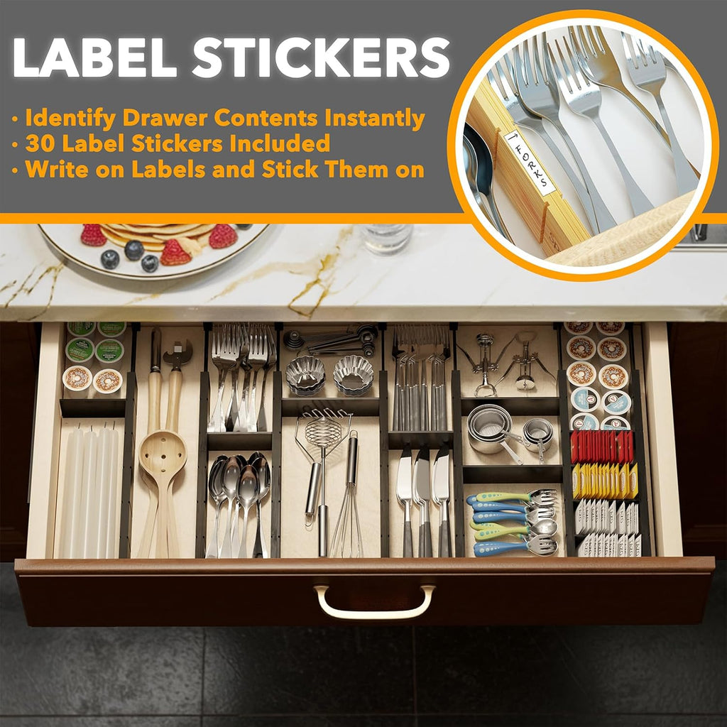 SpaceAid Bamboo Drawer Dividers with Inserts and Labels, Kitchen Adjustable Drawer Organizers, Expandable Organization for Home, Office, Dressers, 7 Dividers with 15 Inserts (17"-22" Black)