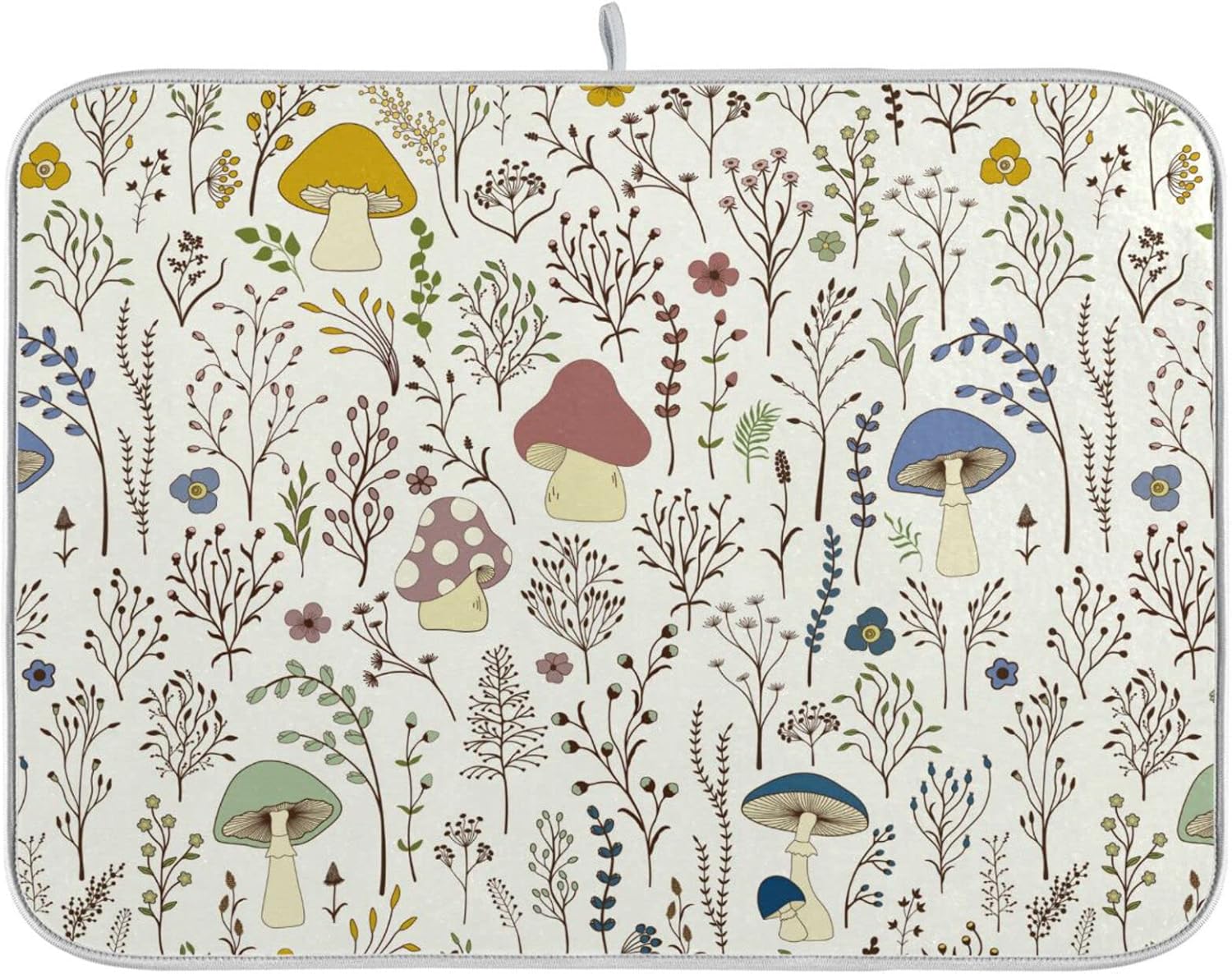 Cute Mushroom Wild Plant Dish Drying Mat for Kitchen Counter Absorbent Microfiber Drying Pad, Medium 16x18 in, Reversible Drainer Mats