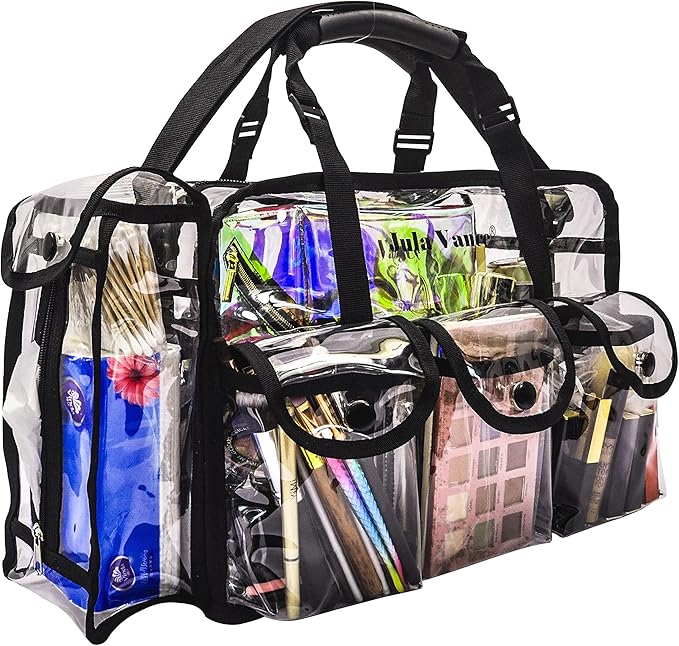 Professional Clear PVC Makeup Kits Organizer Make up Set Bag MUA Carry All Artist Transparent Vinyl Travel Cosmetic Bag with 6 External Pockets & Tissue Holder