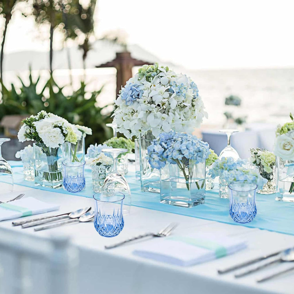 24 PCS Blue Stemless Wine Glasses，Plastic Reusable Cups 9OZ Vintage Drinking Glasses Tumblers for Whisky, Beer, Juice, Beverages, Cocktai