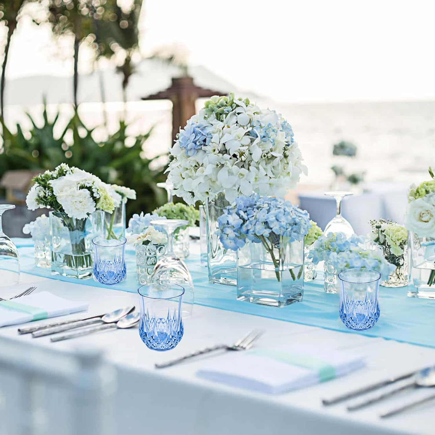 24 PCS Blue Stemless Wine Glasses，Plastic Reusable Cups 9OZ Vintage Drinking Glasses Tumblers for Whisky, Beer, Juice, Beverages, Cocktai