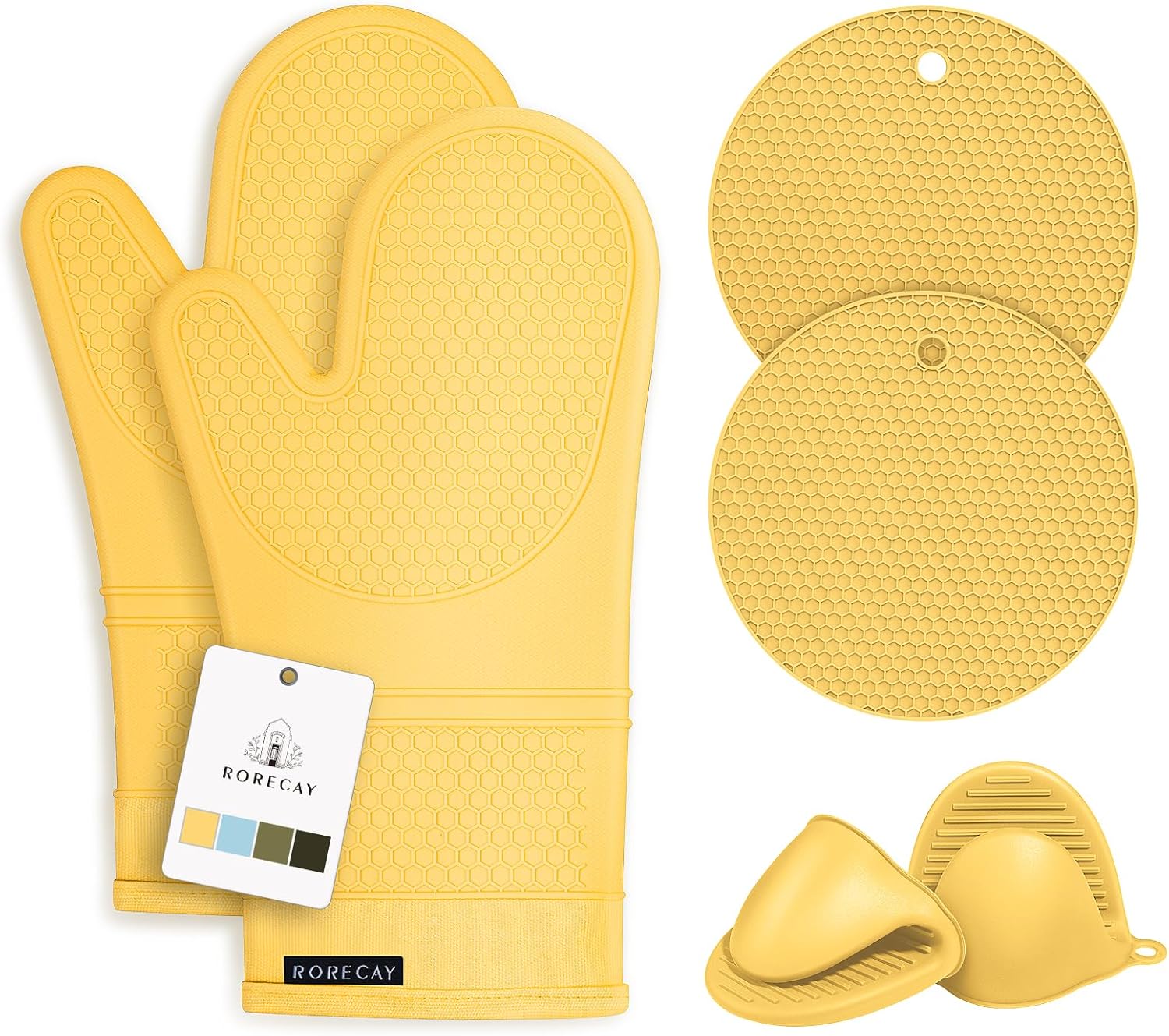 Rorecay Oven Mitts and Pot Holders Sets 6pcs, Extra Long Kitchen Silicone Oven Gloves Heat Resistant 500 Degrees Non-Slip Potholders Hot Pads for Baking Cooking, Quilted Liner, Samoan Sun