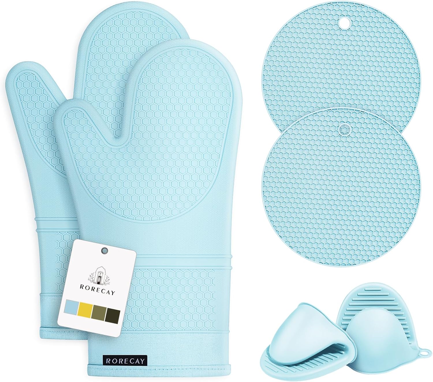 Rorecay 6pcs Oven Mitts and Pot Holders Sets, Extra Long Silicone Oven Gloves Heat Resistant 500 Degrees Non-Slip Potholders Hot Pads for Kitchen Baking Cooking, Quilted Liner, Winter Sky