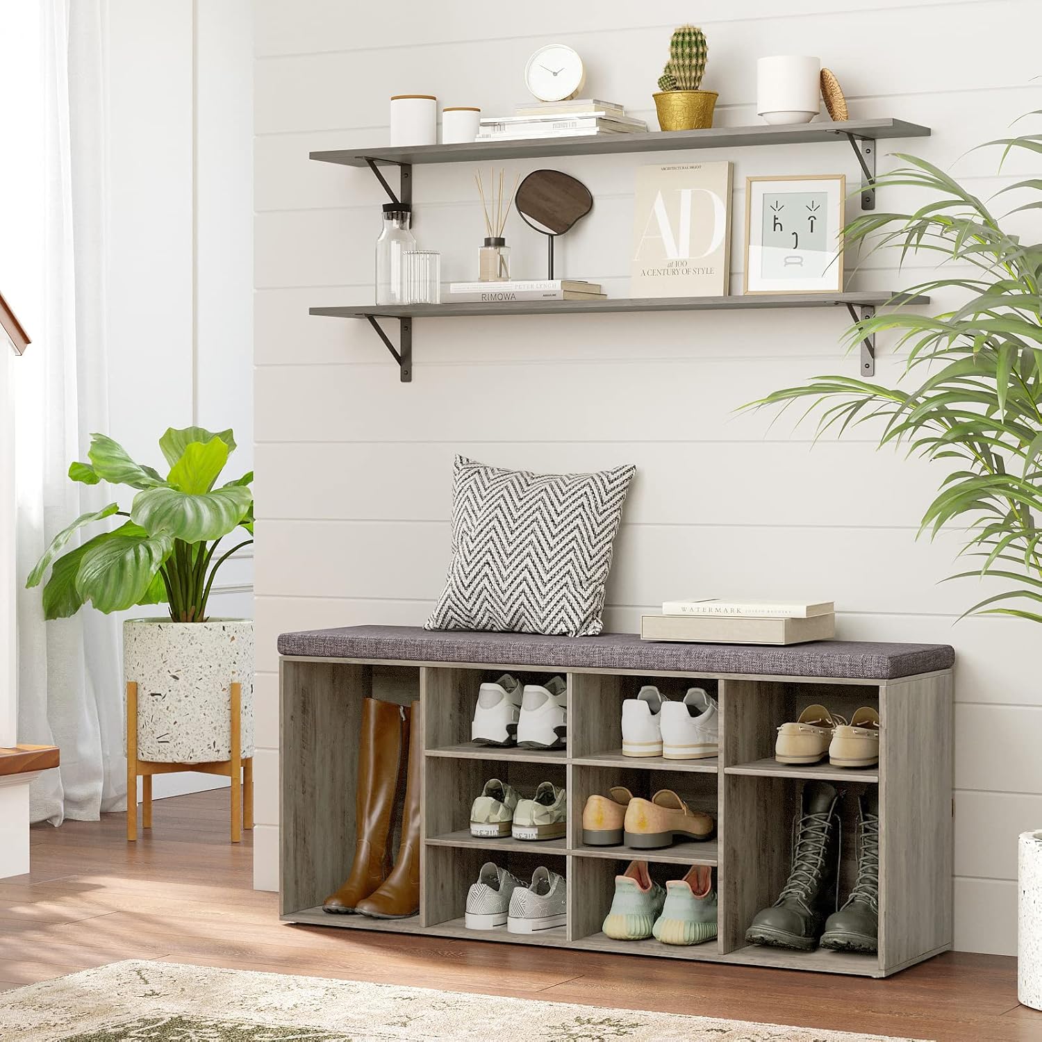 DINZI LVJ Long Wall Shelves, 55.1Inch Wall Mounted Shelves Set of 2, Extra Large Floating Storage Ledges with Sturdy Metal Brackets for Living Room, Bathroom, Bedroom, Kitchen, Gray Wash