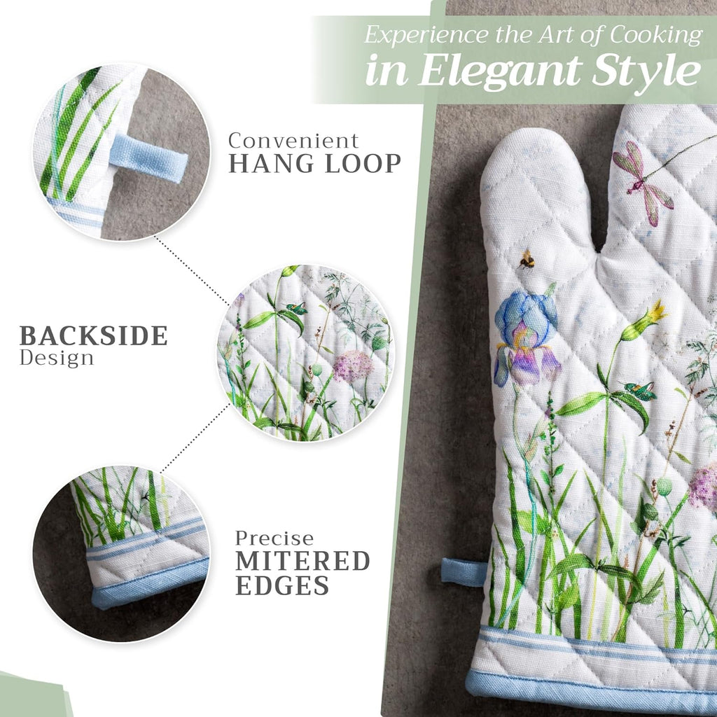 Maison d' Hermine 100% Cotton Oven Mitt & Pot Holder Set (7.5"x13" & 8"x8") Heat Resistant BBQ Cooking Gloves with Loop, Baking, Grilling, Kitchen, Handling Hot Pans Spring/Summer (Fleurs De Mai)
