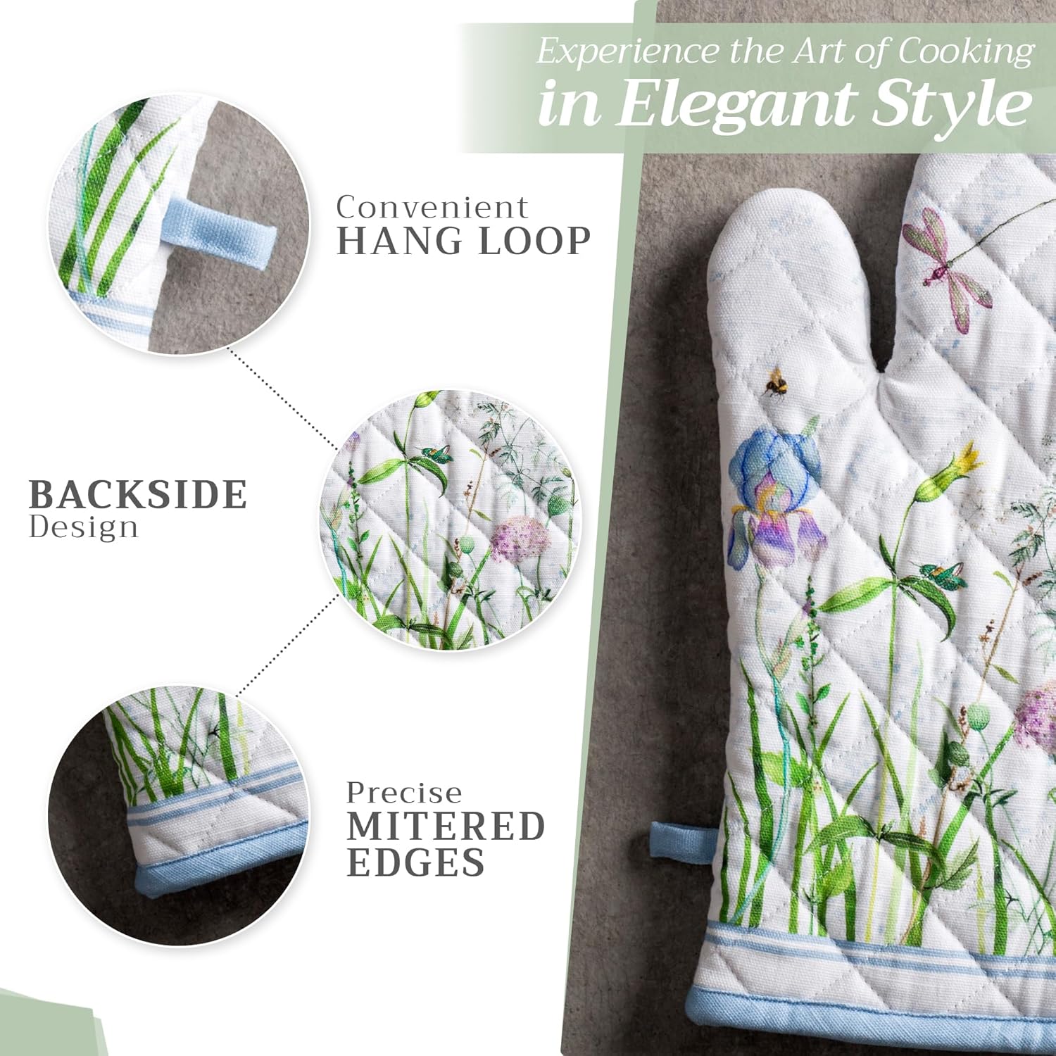 Maison d' Hermine Oven Gloves 100% Cotton Oven Mitt 7" x 13" with Loop Heat Resistant, BBQ, Cooking Gloves, Baking, Grilling, Kitchen, Handling Hot Pans Spring/Summer (Pack of 1, Fleurs De Mai)