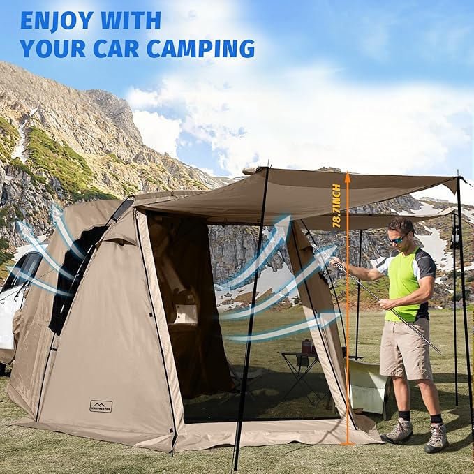 KAMPKEEPER SUV Car Tent, Tailgate Shade Awning Tent for Camping, Vehicle Camping Tents Outdoor Travel (Khaki)