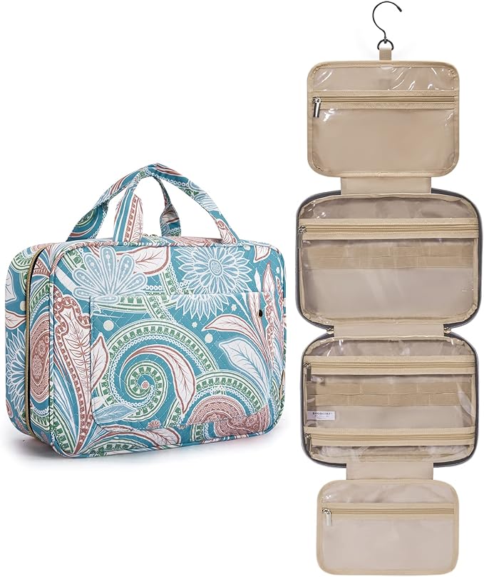 BAGSMART Toiletry Bag Travel Bag with Hanging Hook, Water-resistant Makeup Cosmetic Bag Travel Organizer for Accessories, Shampoo, Full Sized Container, Toiletries (Green Paisley, Large)