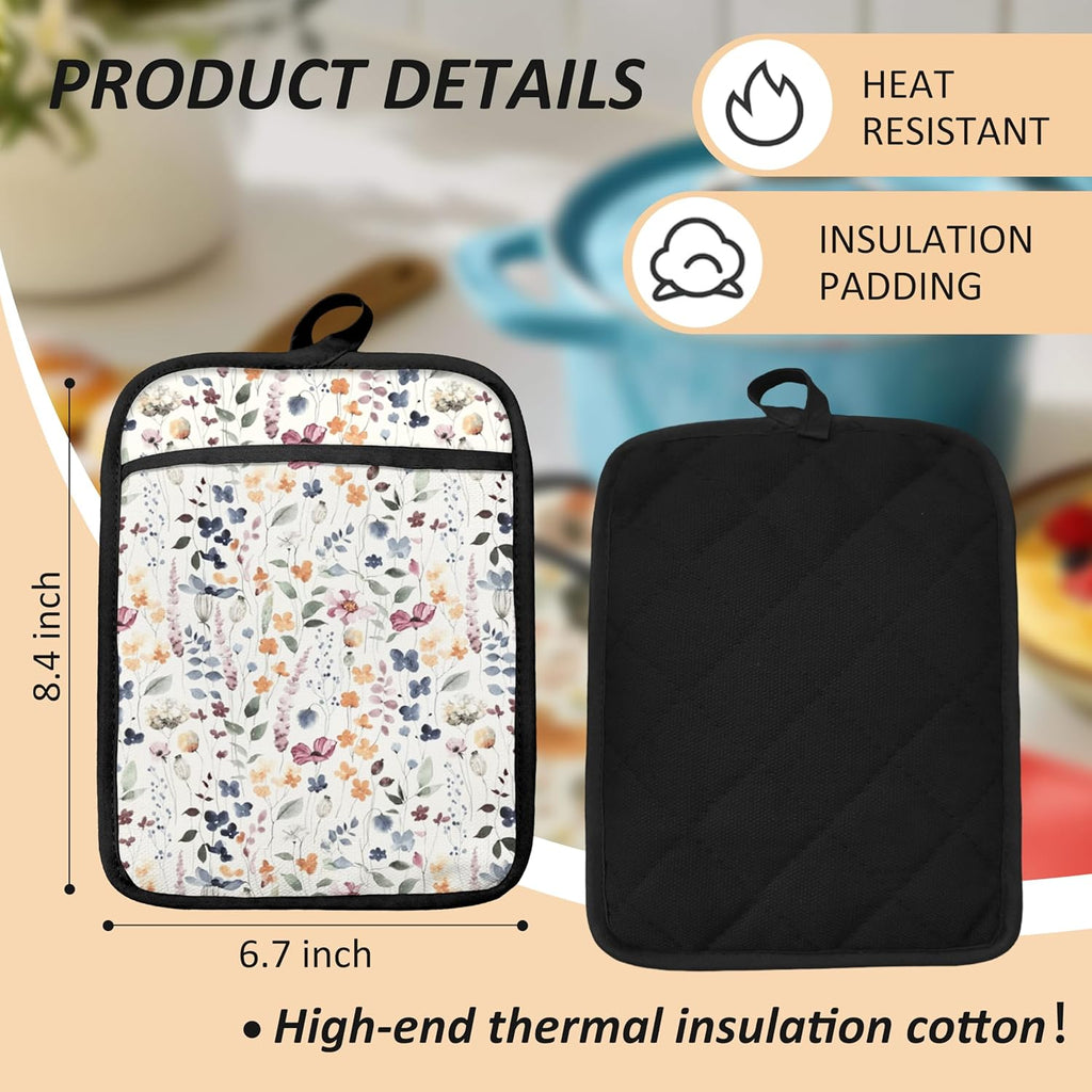 Vintage Floral Oven Mitts Set, Colorful Wildflowers Floral Heat Resistant Kitchen Oven Gloves for Baking and Cooking,Pot Holders