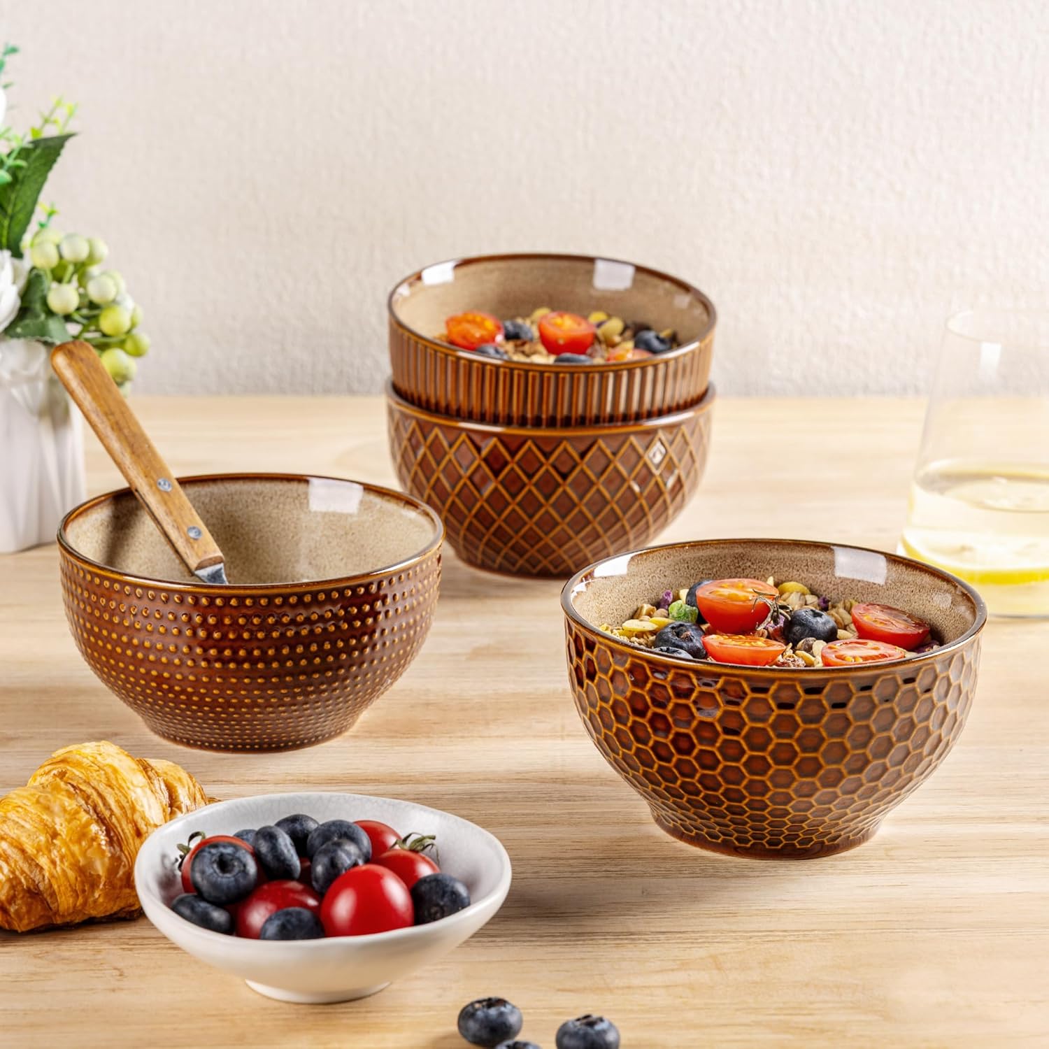 GBHOME Stoneware Cereal Bowls Set of 4, 24 oz Ceramic Soup Bowls with Texture Patterns for Soup,Oatmeal,Snack Perfect for Wedding, House-warming Gift - Caramel