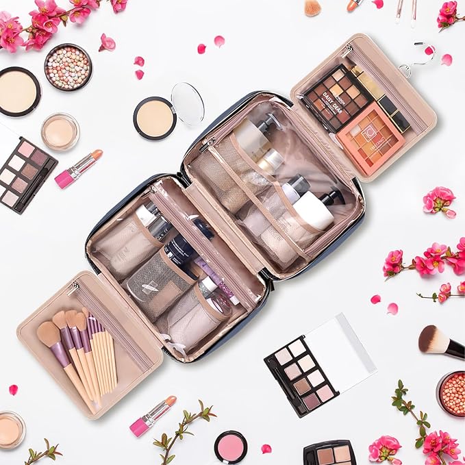 Travel Size Toiletry Bag for Women, Portable Cosmetic Bag with Hanging Hook, Travel Essentials Water-resistant Makeup Organizer for Accessories, Shampoo, Full-size Container, Toiletries