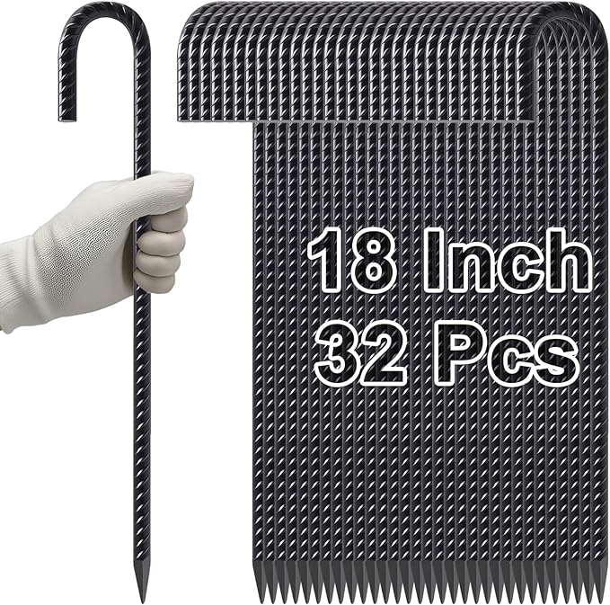VVOKGO 18 Inch Ground Rebar Stakes, 32Pcs J Hook Extra Heavy Duty Rust Proof Coated Steel Ground Anchors with Chisel Point End for Camping Tent Canopy and Link Fence