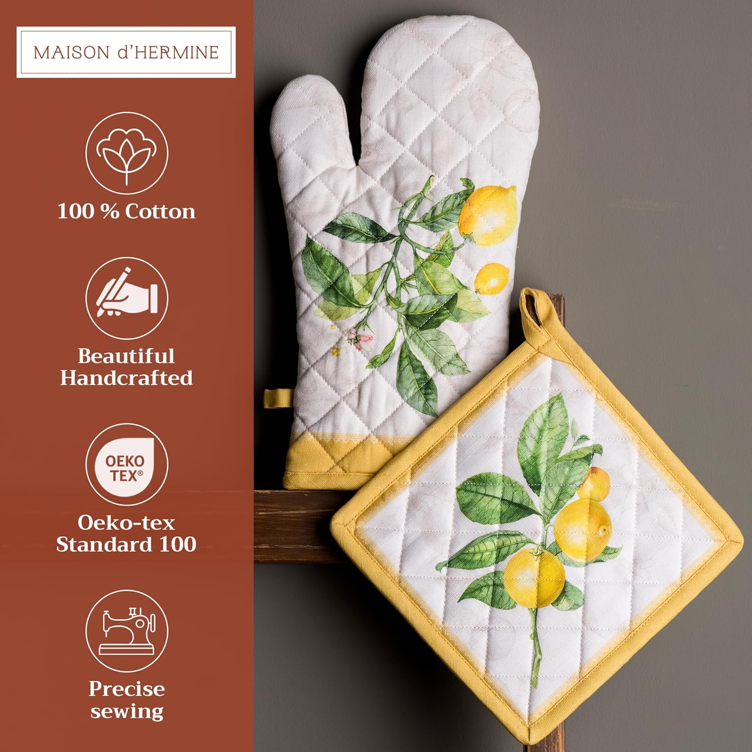 Maison d' Hermine 100% Cotton Oven Mitt & Pot Holder Set (7.5"x13" & 8"x8") Heat Resistant BBQ Cooking Gloves with Loop, Baking, Grilling, Kitchen, Handling Hot Pans Spring/Summer (Limoncello)