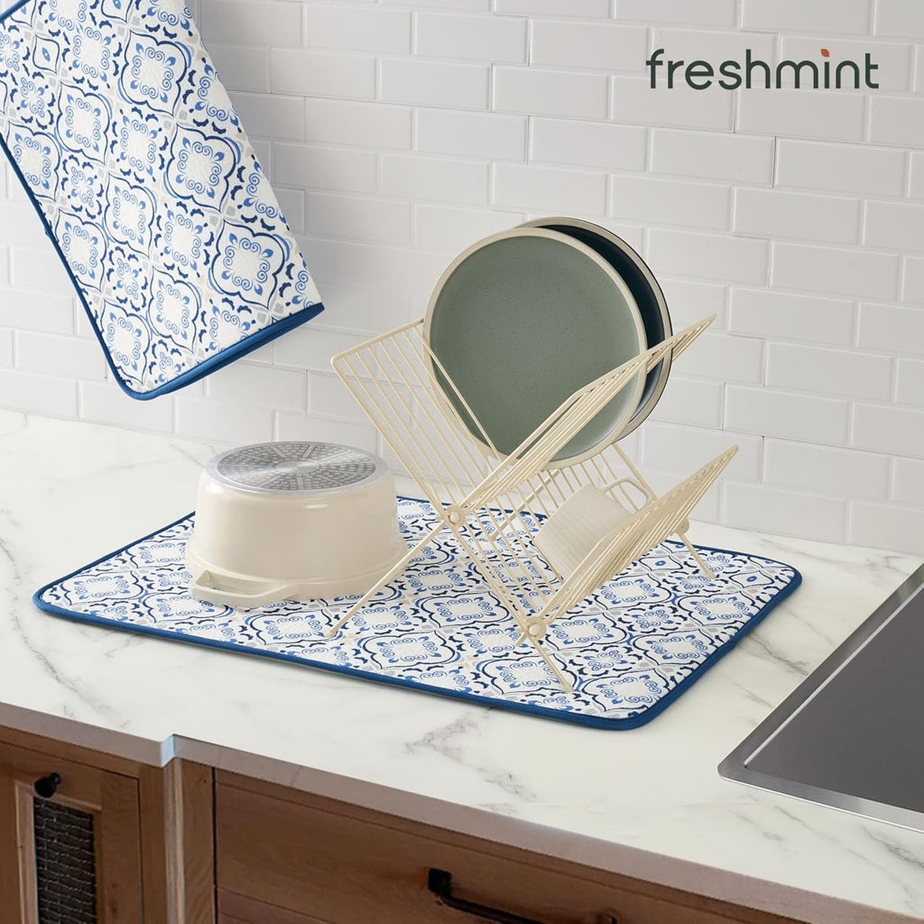 FRESHMINT Printed Dish Drying Mats for Kitchen Counter 2 Pack Absorbent Reversible Drying Mats Microfiber Kitchen Countertop Protector Dishes Drying Pad Extra Large 18"x16" Dish Mat