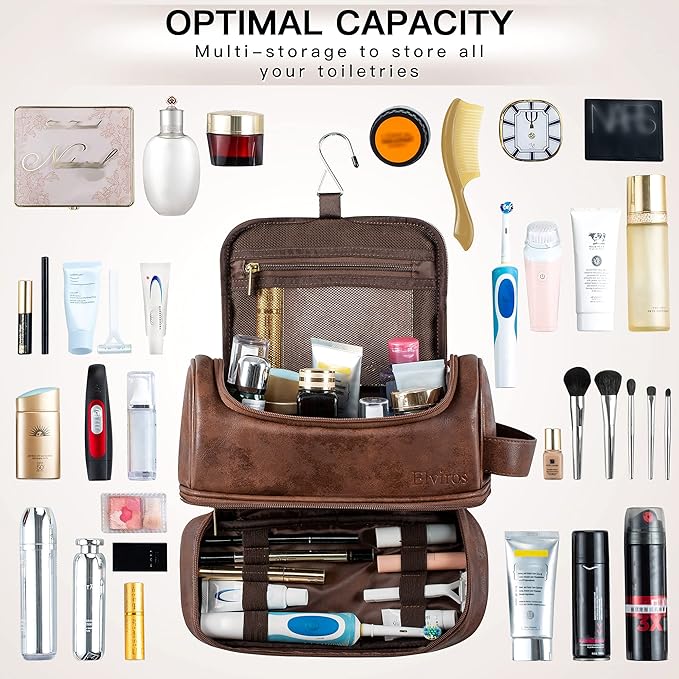 Elviros Toiletry Bag for Mens PU Leather Travel Organizer Kit with Hanging hook, Large Water-resistant Toiletries Bathroom Shaving Bags (Dark Brown)
