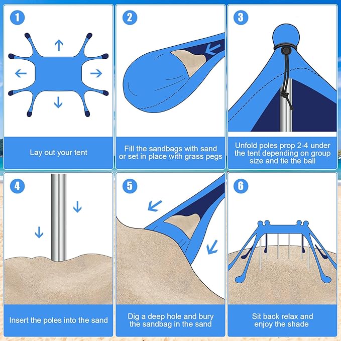 Beach Tent Sun Shelter UPF 50+ Beach Shade Canopy Pop up Tent Portable Cabana Outdoor with Aluminum Poles Sandbags Sand Shovel for Camping Fishing Trip Picnic Party