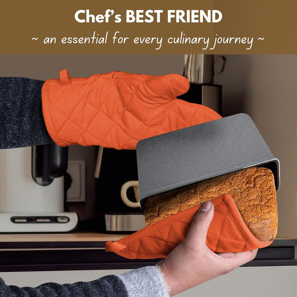 Native Fab 4 Piece Set - 2 Oven Mitts & 2 Potholders, Heat Resistant, 100% Cotton, Quilted Design, Non-Slip Grip, Machine Washable, Ideal for Baking, Cooking, BBQ, Kitchen Protection - Orange