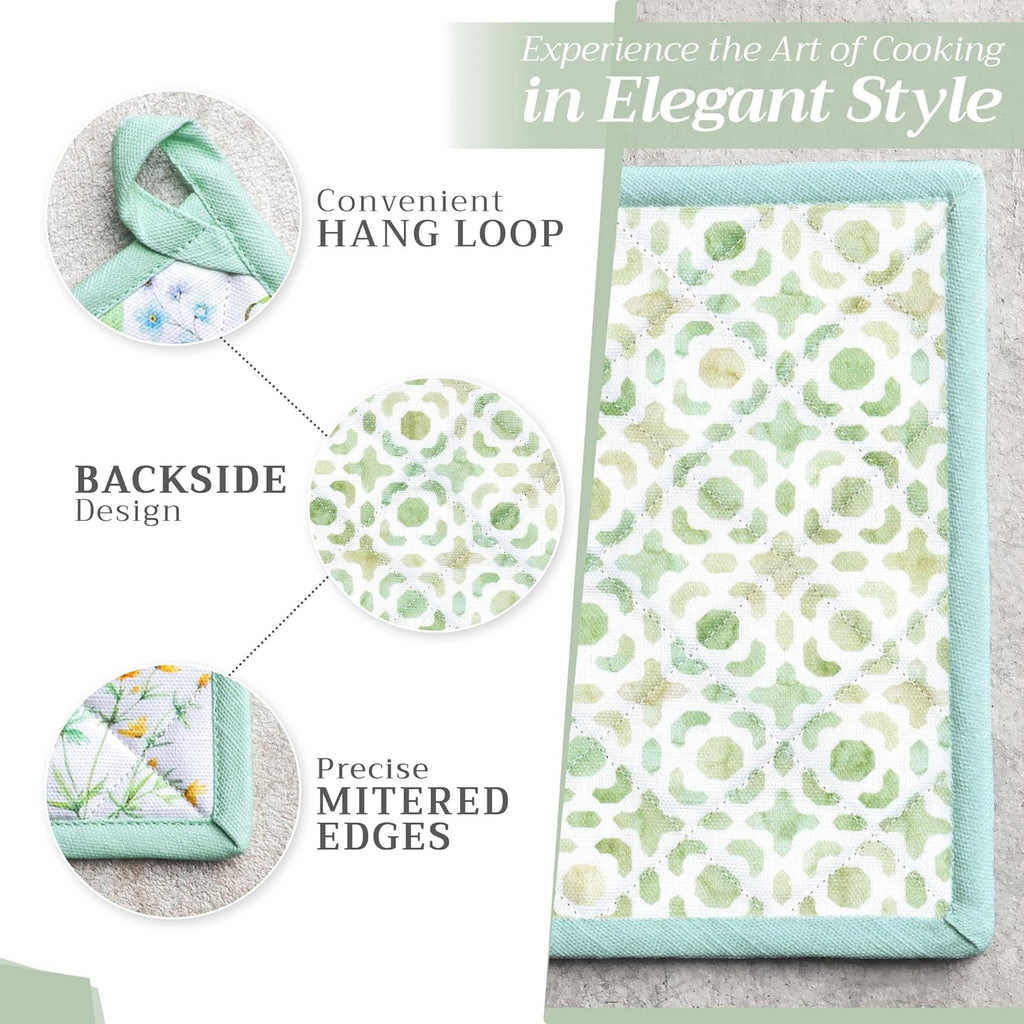 Maison d' Hermine Pot Holders Set 100% Cotton Heat Resistant Potholders 8" x 8" Hot Pads with Loop BBQ, Cooking, Baking, Grilling, Kitchen, Handling Hot Pans Spring/Summer (Pack of 2, Just Floral)