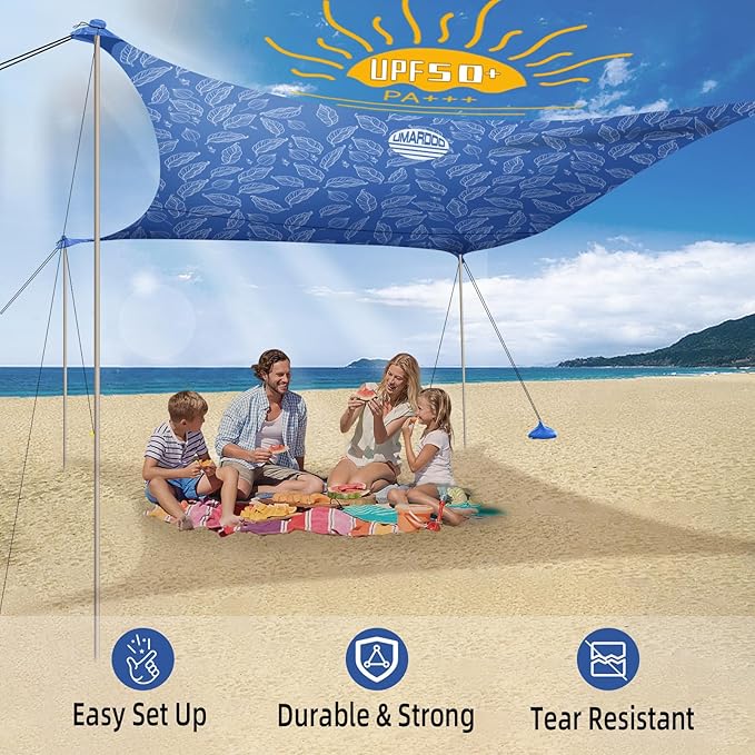 UMARDOO Family Beach Tent Canopy Sun Shade Portable, Large Compact Beach Sun Shelter Easy Setup with Packable Bag for Outdoor Travel (Printed Blue, 10X10 FT. 4Poles)